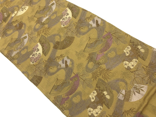 JAPANESE KIMONO / ANTIQUE NAGOYA OBI / WOVEN FAN & PINE